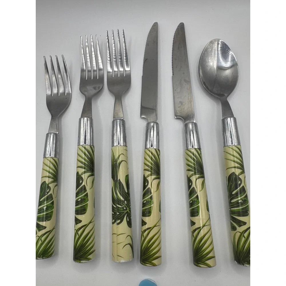 Cambridge Stainless Flatware Set 6pc Tropical Monstera Leaf Pattern Green Cream